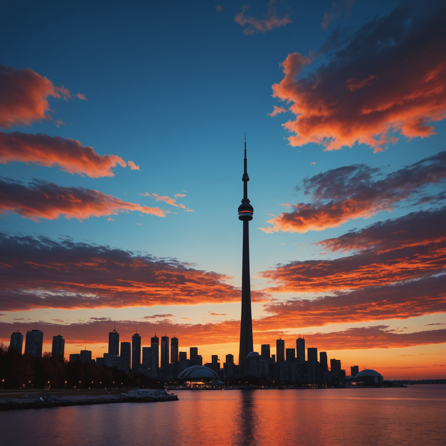 Silhouette of the CN Tower against a vibrant sunset sky, showcasing its iconic shape and impressive height