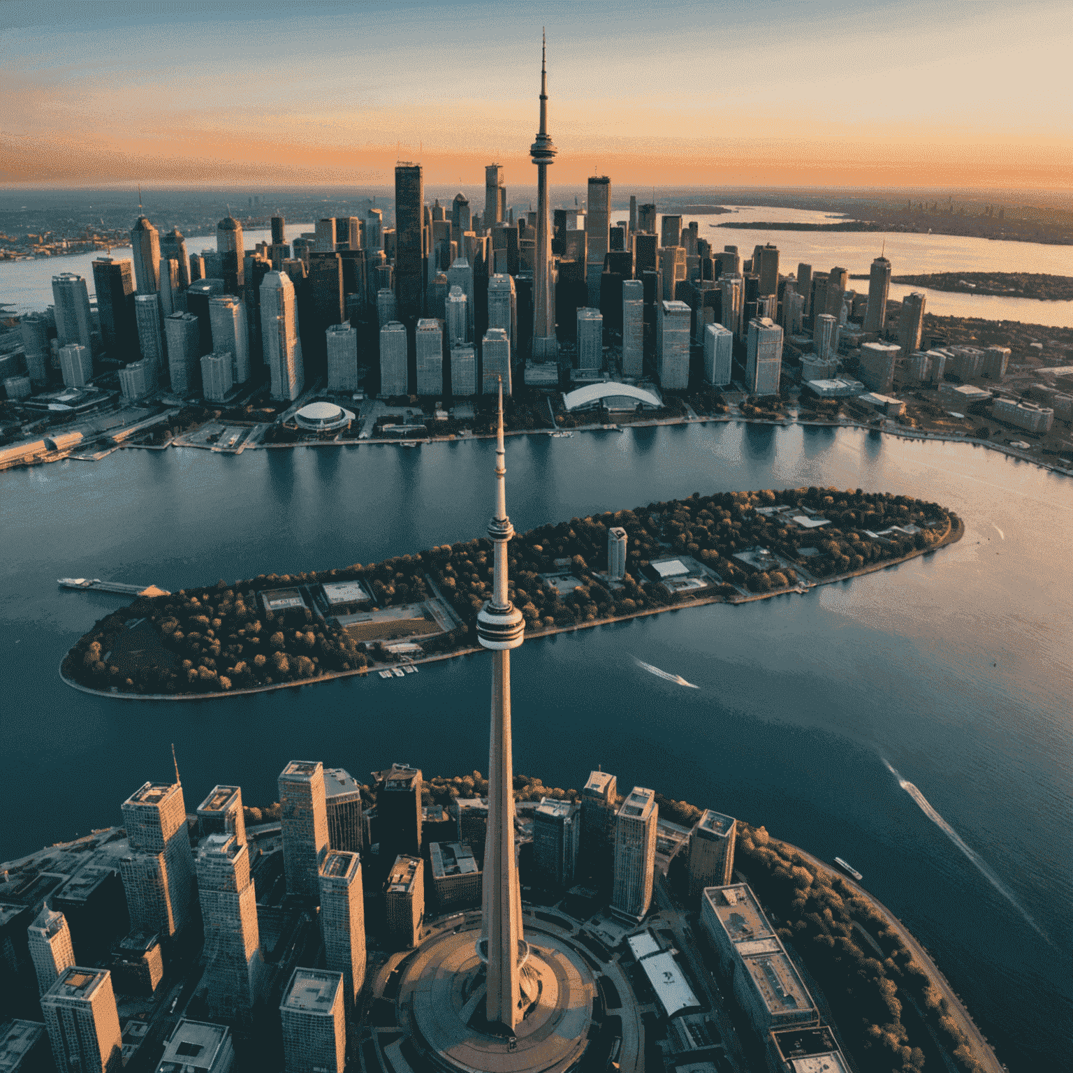 Aerial view of CN Tower dominating Toronto's skyline at sunset, with Lake Ontario in the background