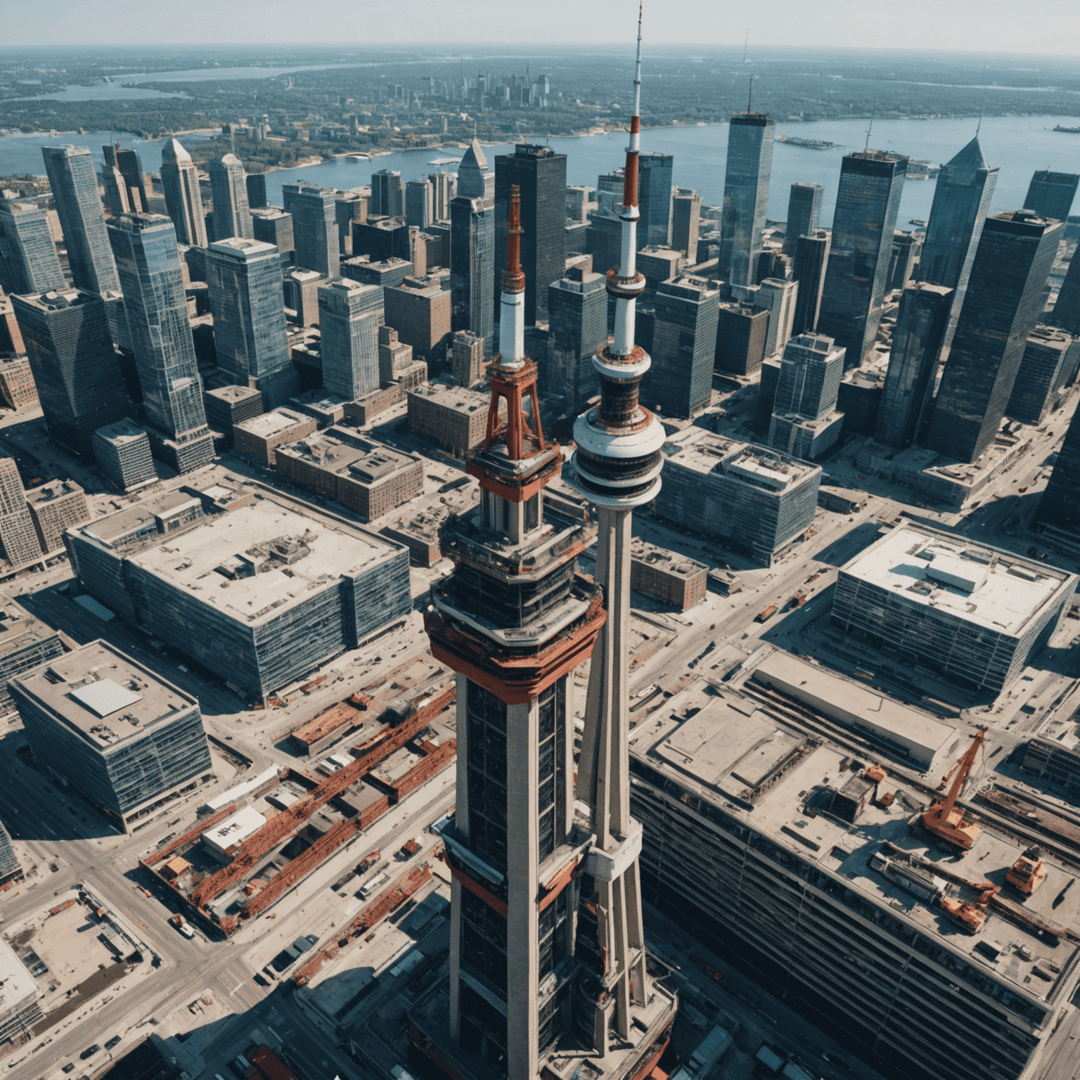 Aerial view of CN Tower with scaffolding and construction equipment visible, showcasing ongoing renovations