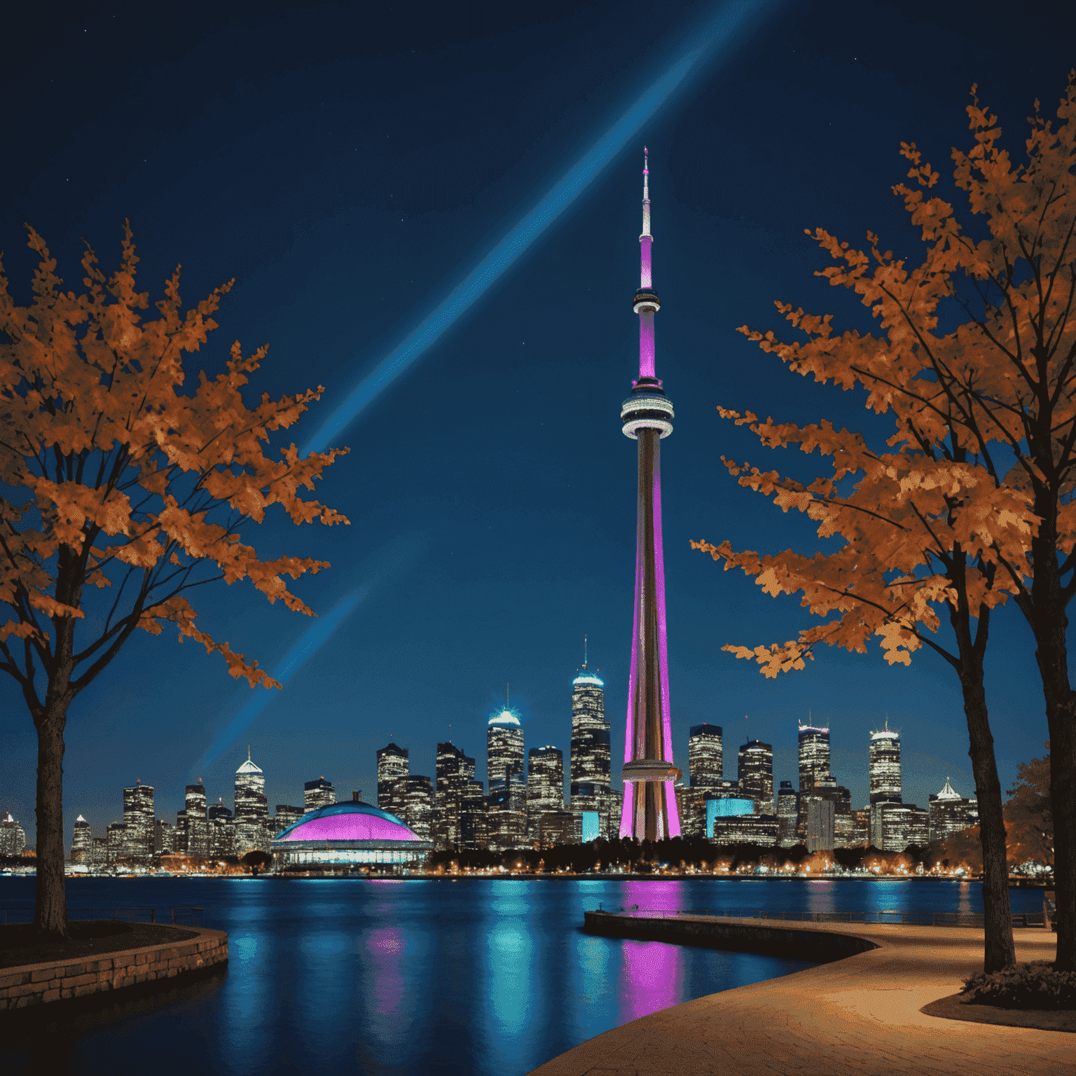 CN Tower illuminated at night with a spectacular light show, featuring vibrant colors and patterns projected onto the tower's exterior