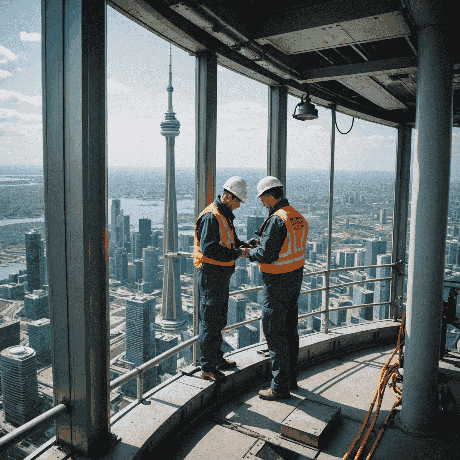 Technicians performing maintenance on CN Tower, inspecting equipment and structures