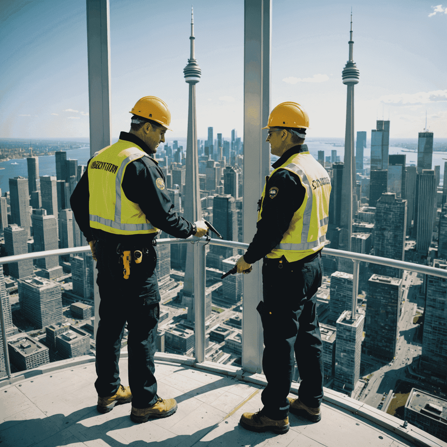 Maintenance workers performing safety checks on the CN Tower's exterior, with a breathtaking view of Toronto's skyline in the background
