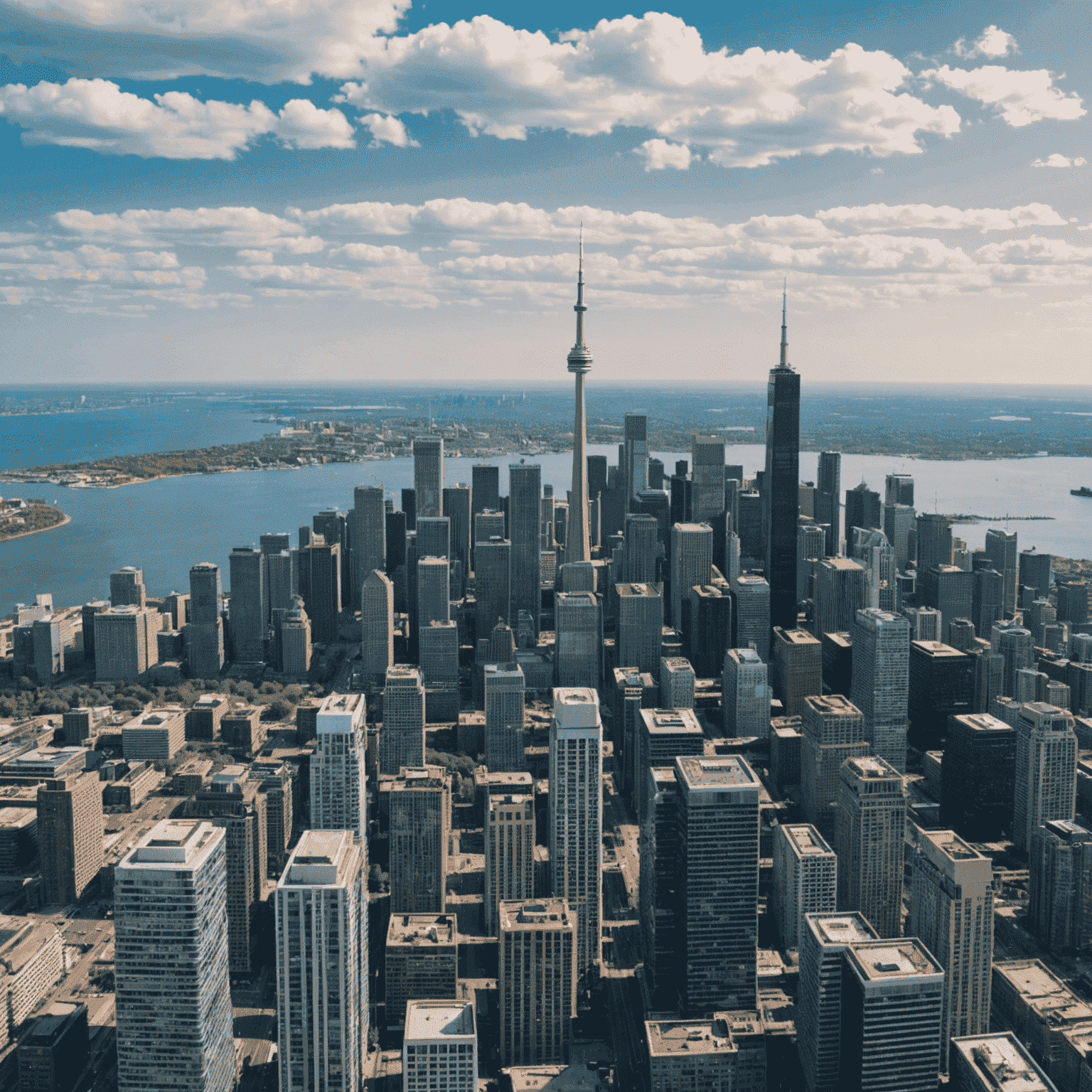 Panoramic view of Toronto skyline from CN Tower's observation deck, showcasing the city's skyscrapers, Lake Ontario, and distant horizon