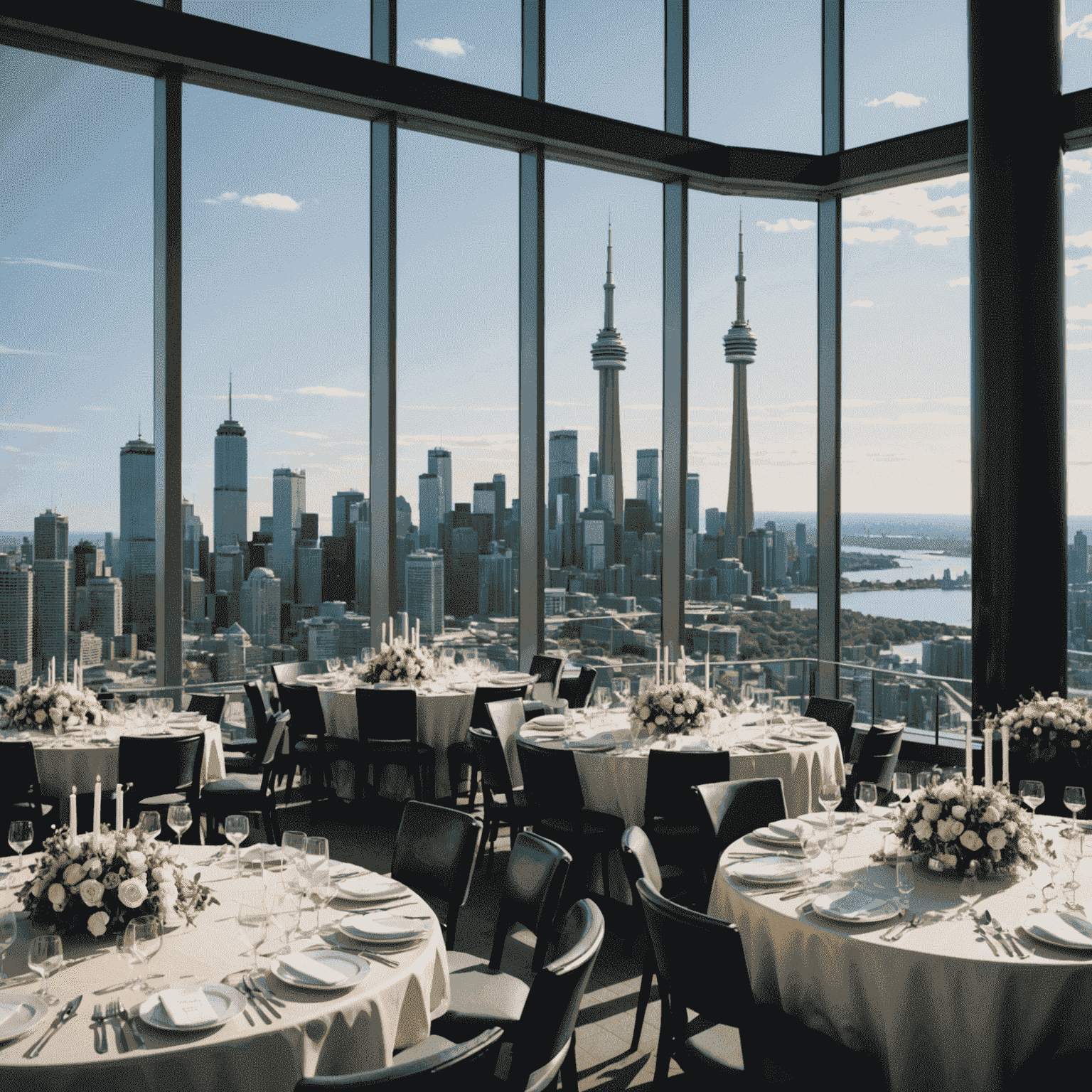 Elegant wedding reception setup at CN Tower with a panoramic view of Toronto skyline