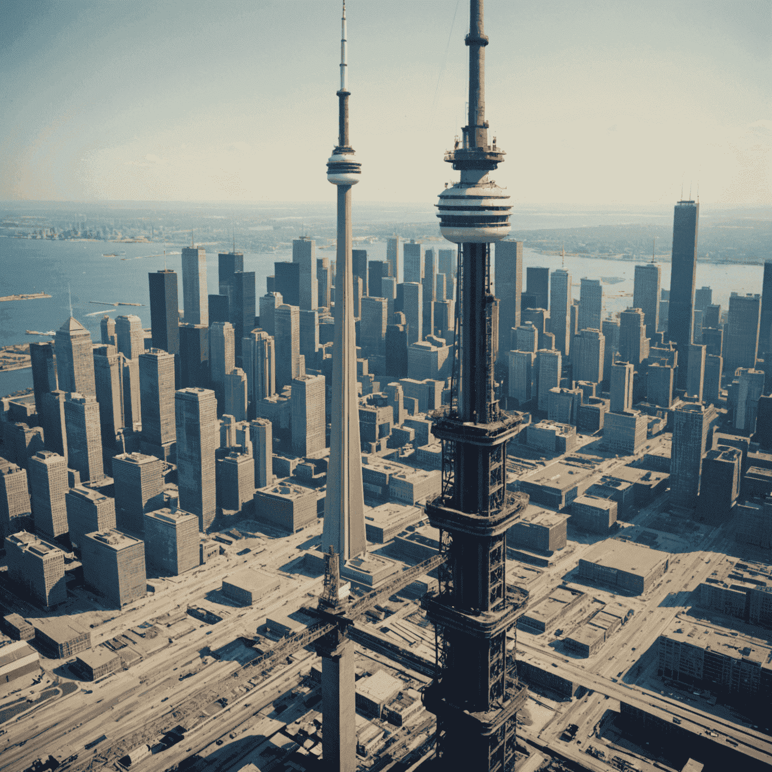 Historical image of CN Tower construction, showing workers on scaffolding against Toronto skyline