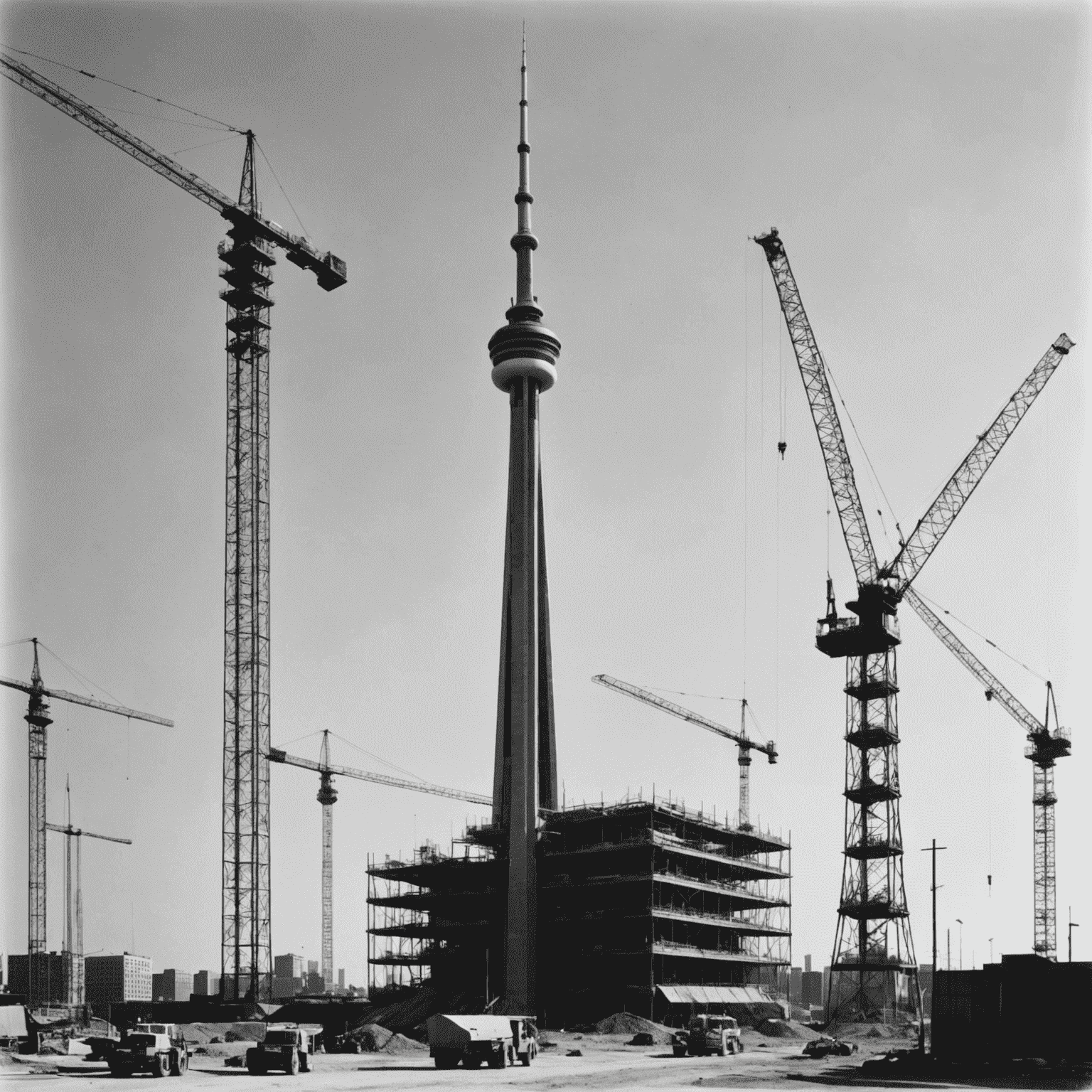 Black and white photograph of CN Tower under construction, with cranes and scaffolding visible