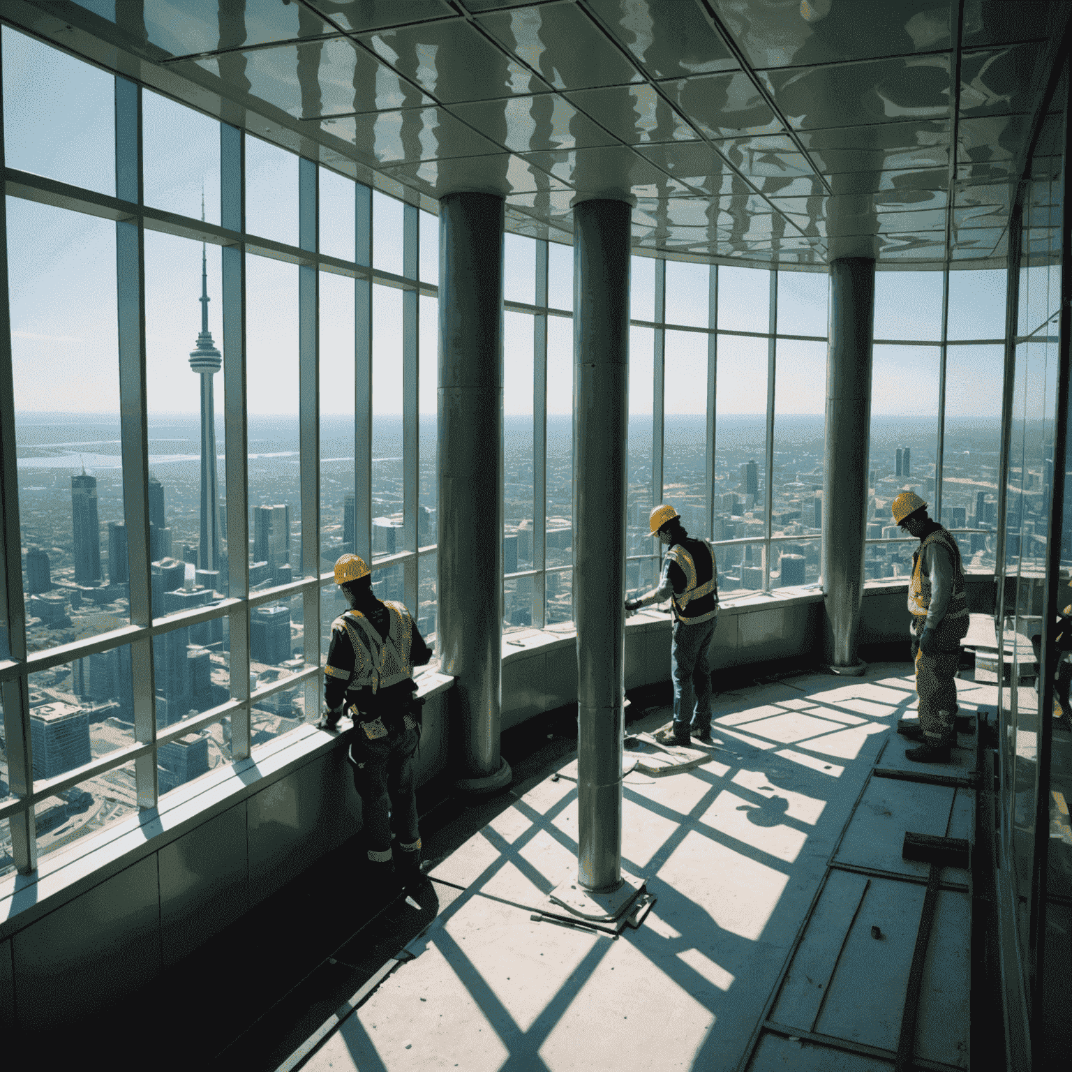 Interior view of the CN Tower's observation deck undergoing renovation, with workers installing new glass panels