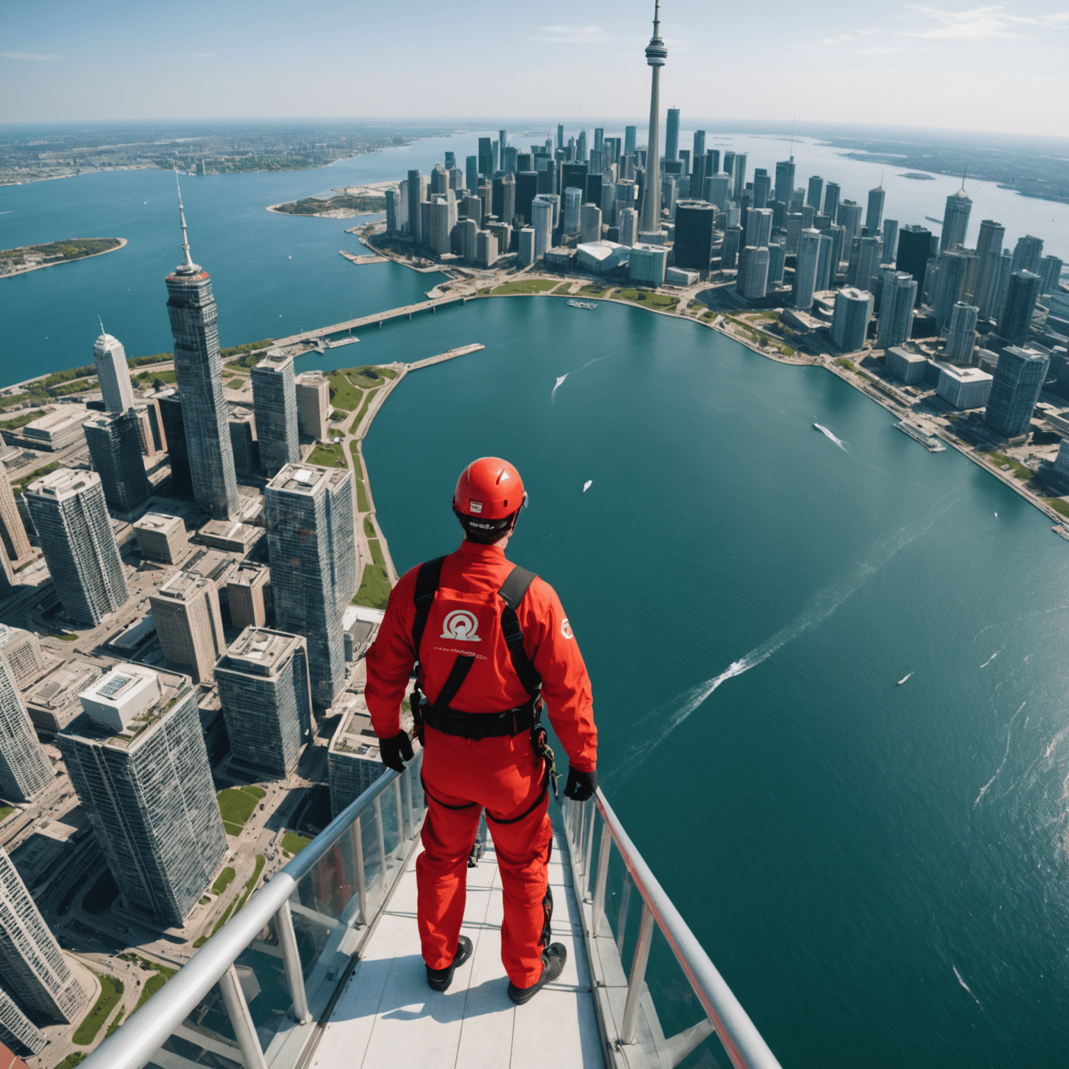Thrill-seekers walking hands-free on the CN Tower's EdgeWalk, with Toronto's skyline in the background