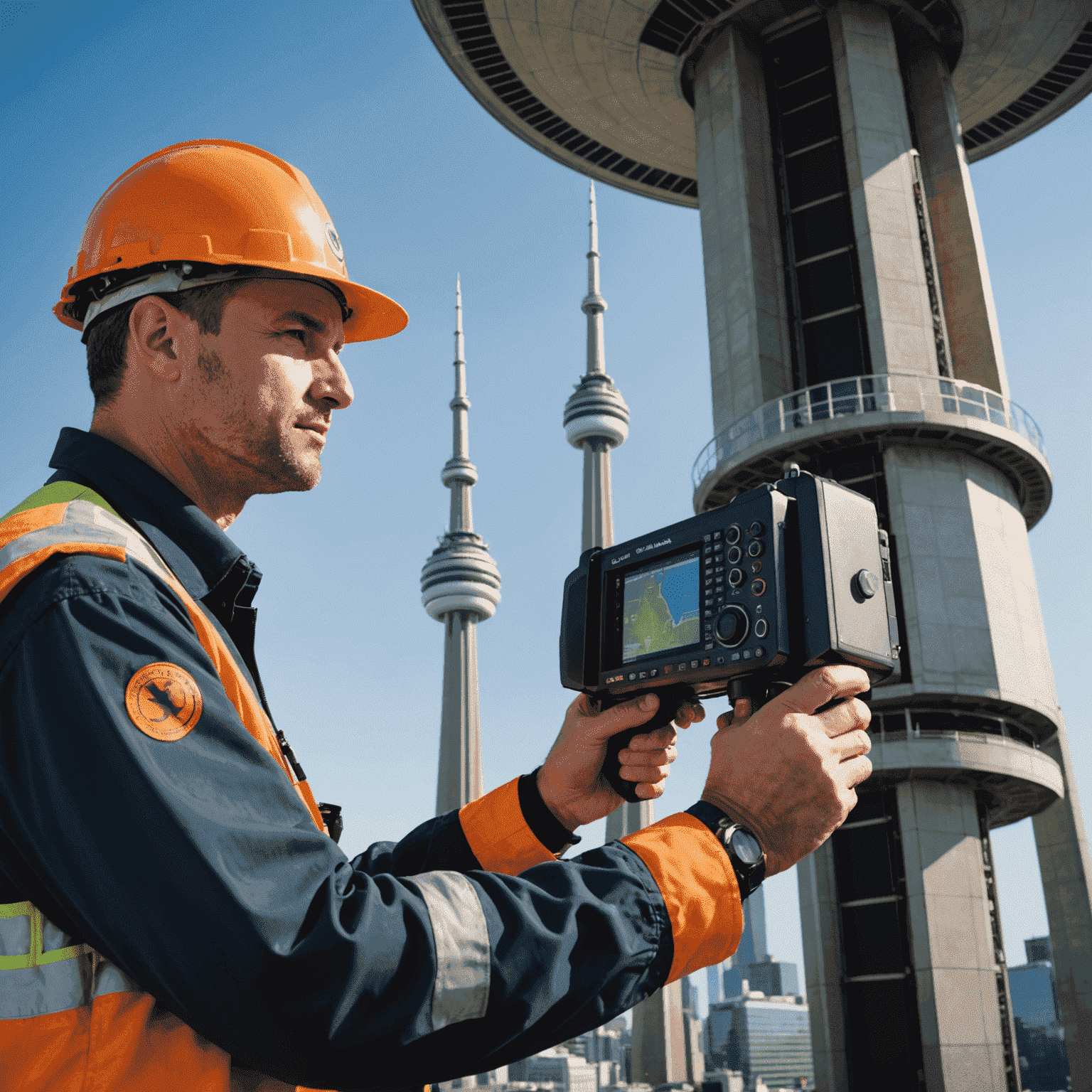 Close-up view of a maintenance worker using advanced technology to inspect the CN Tower's exterior, showcasing innovative maintenance techniques