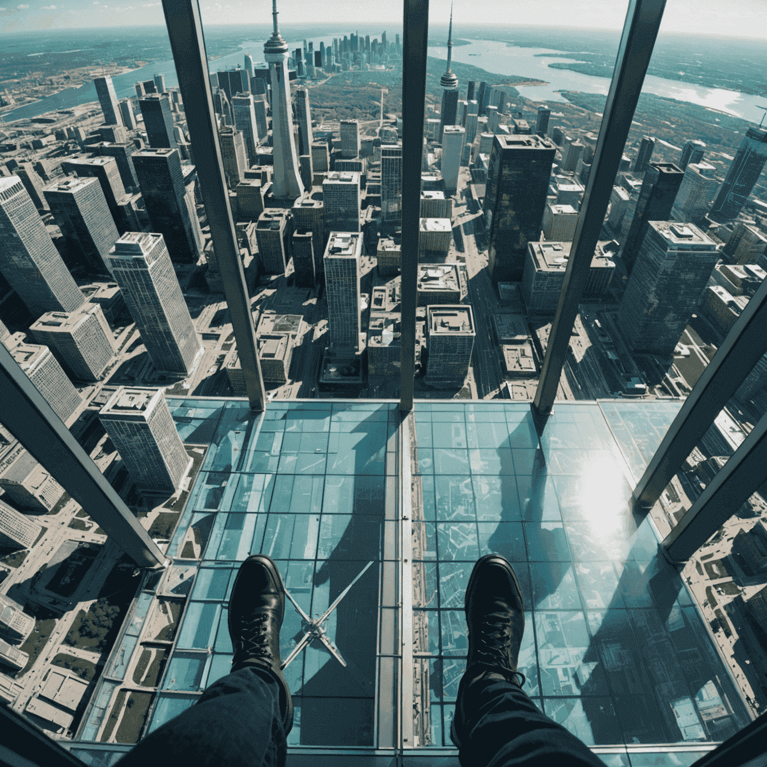Glass Floor experience at CN Tower, showing visitors standing on transparent floor with view of city streets below