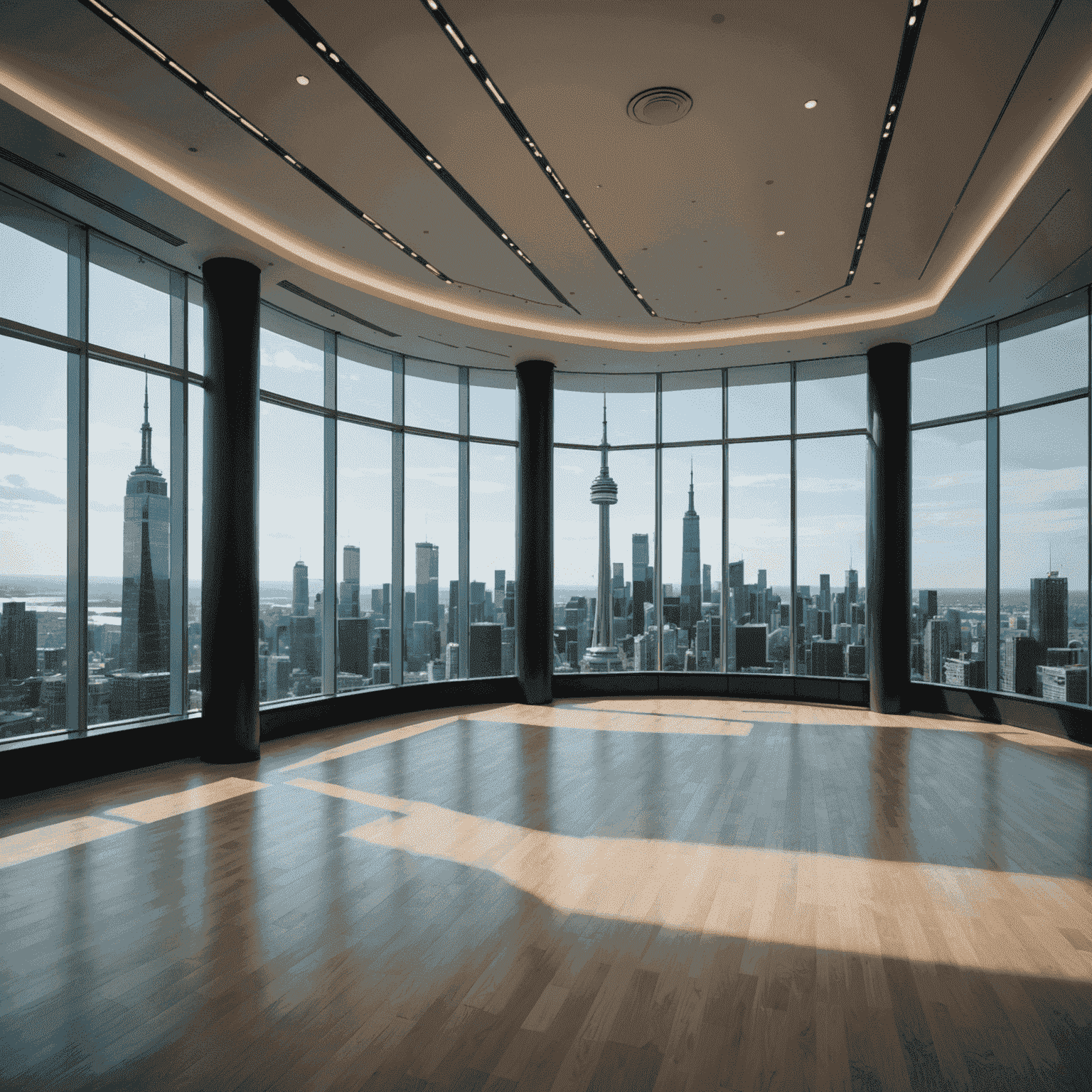 Corporate event setup in CN Tower's event space with city lights visible through floor-to-ceiling windows
