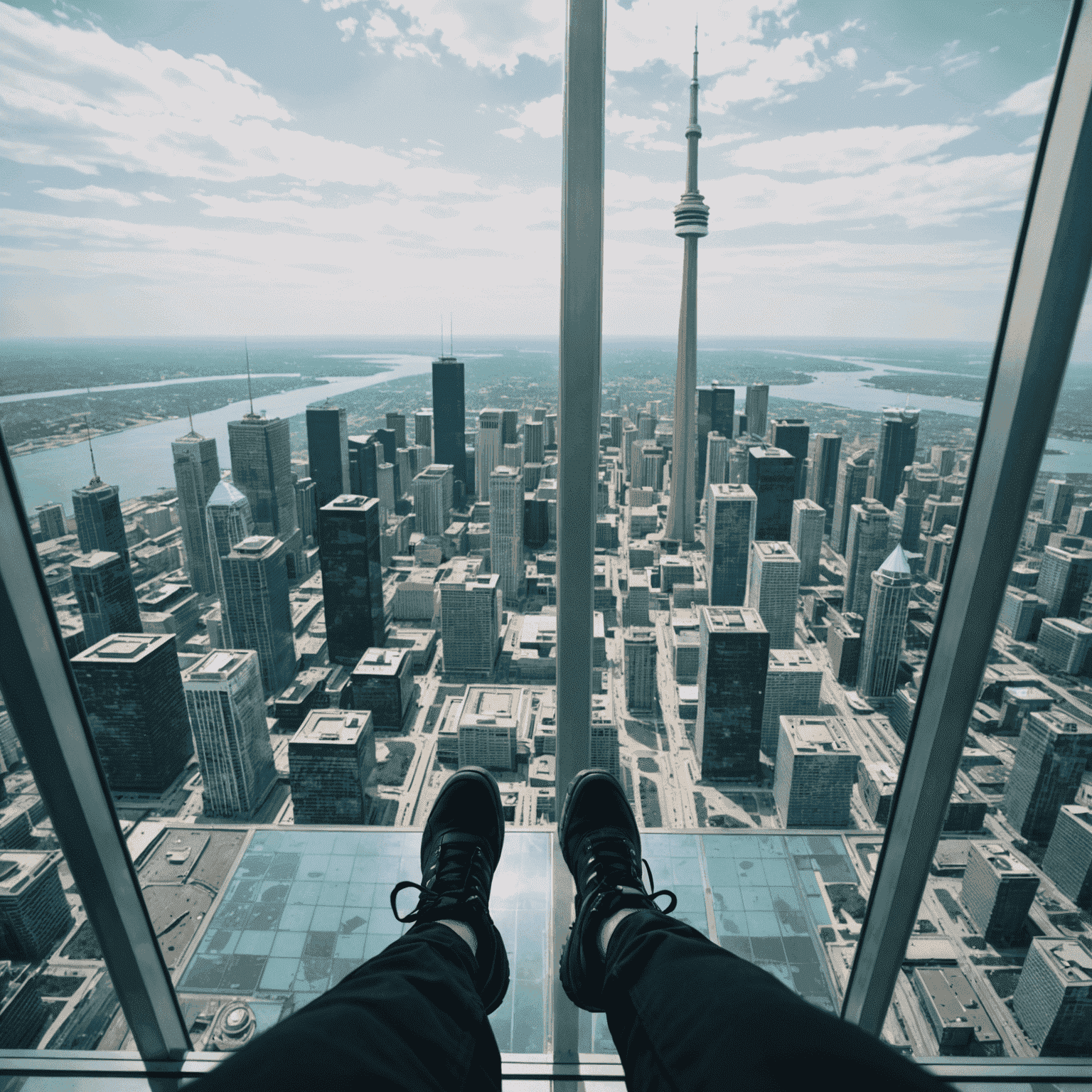 Tourists enjoying the view from the CN Tower's glass floor observation deck, with Toronto cityscape visible below