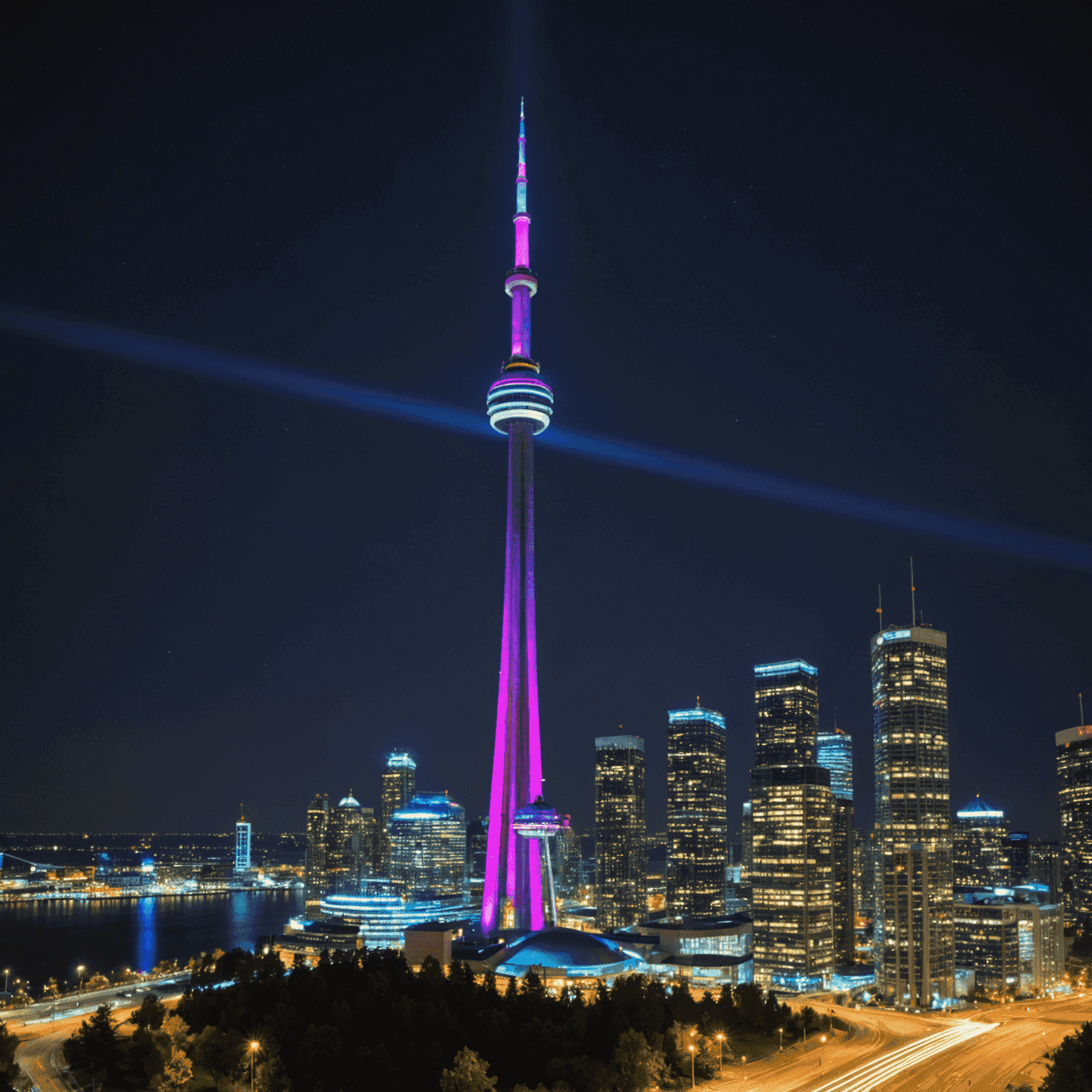 Night view of CN Tower with new LED lighting system displaying a colorful light show
