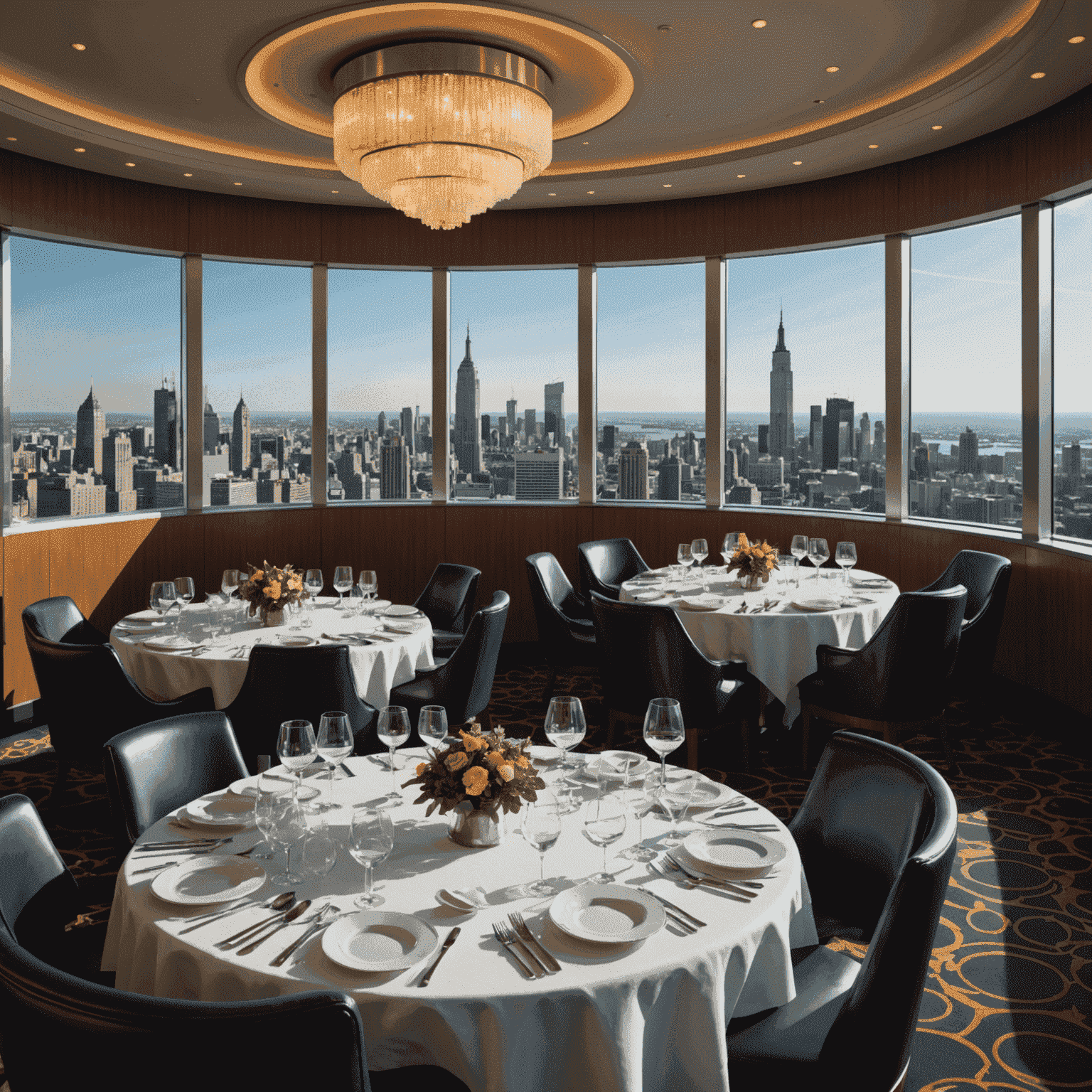 Elegant table setting in the revolving restaurant with city views