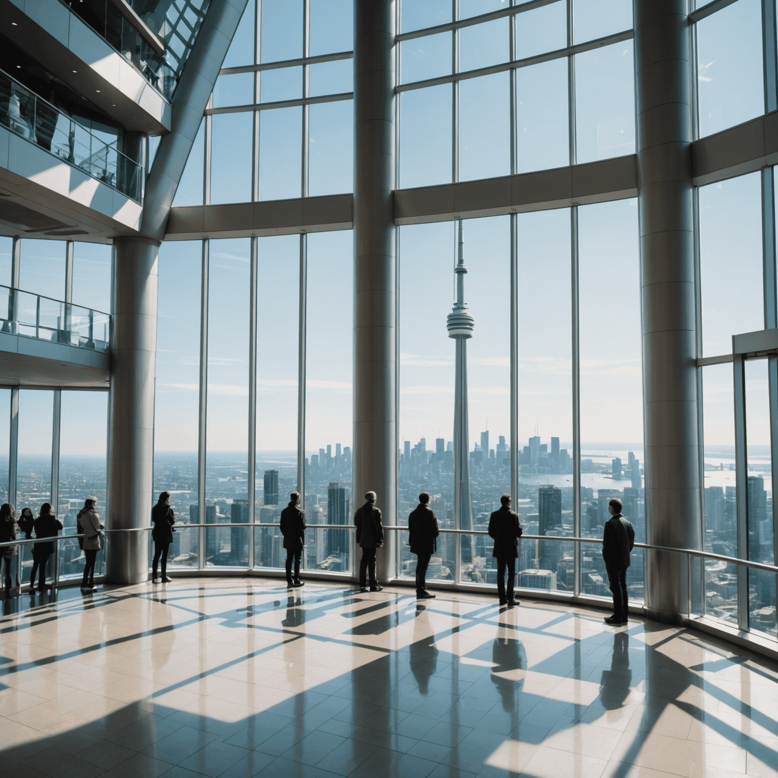 LookOut Level of CN Tower with visitors enjoying panoramic views through floor-to-ceiling windows