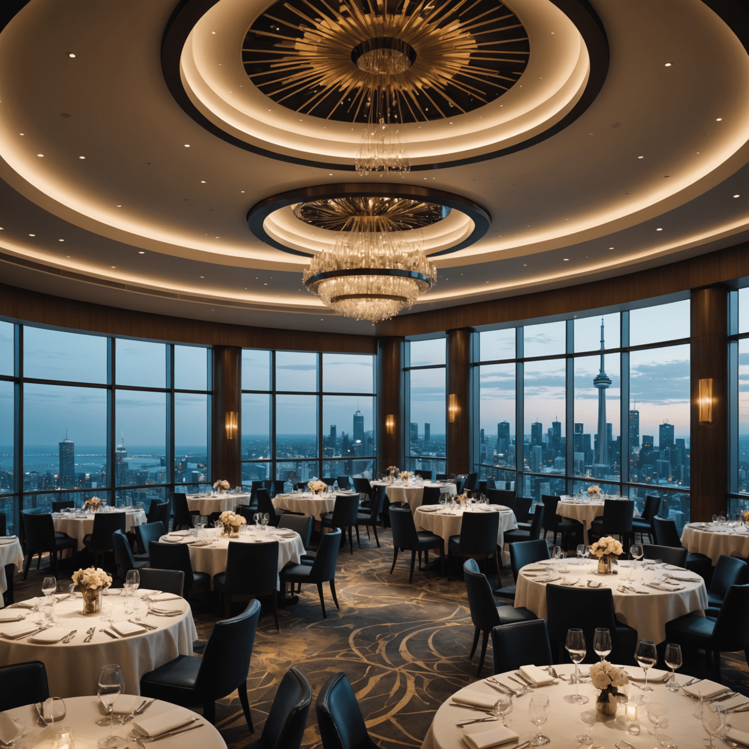 360 Restaurant interior with tables set for a gala dinner, showcasing revolving views of Toronto