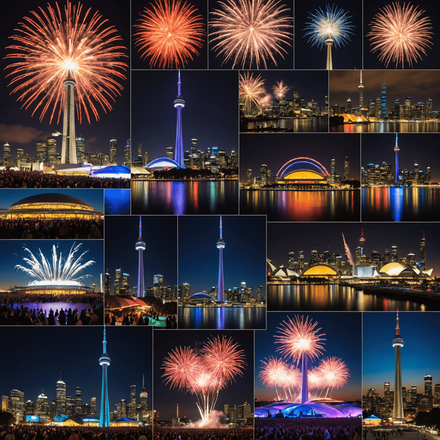 Collage of various events at CN Tower, including fireworks display, concert, and exhibition