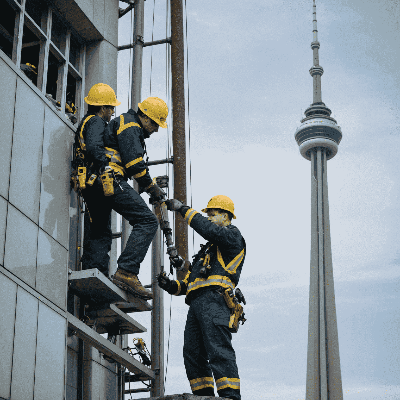Close-up view of maintenance workers conducting repairs on the CN Tower's exterior