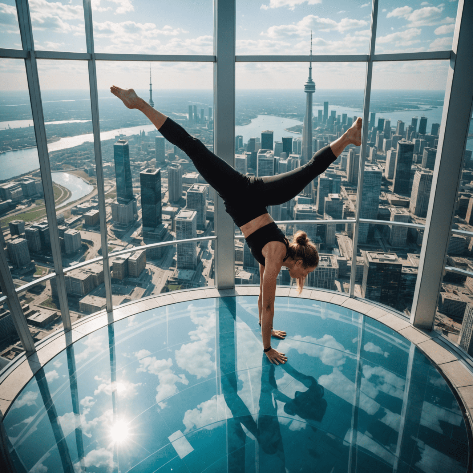 People practicing yoga on the CN Tower's glass floor, with a view of the city below their feet