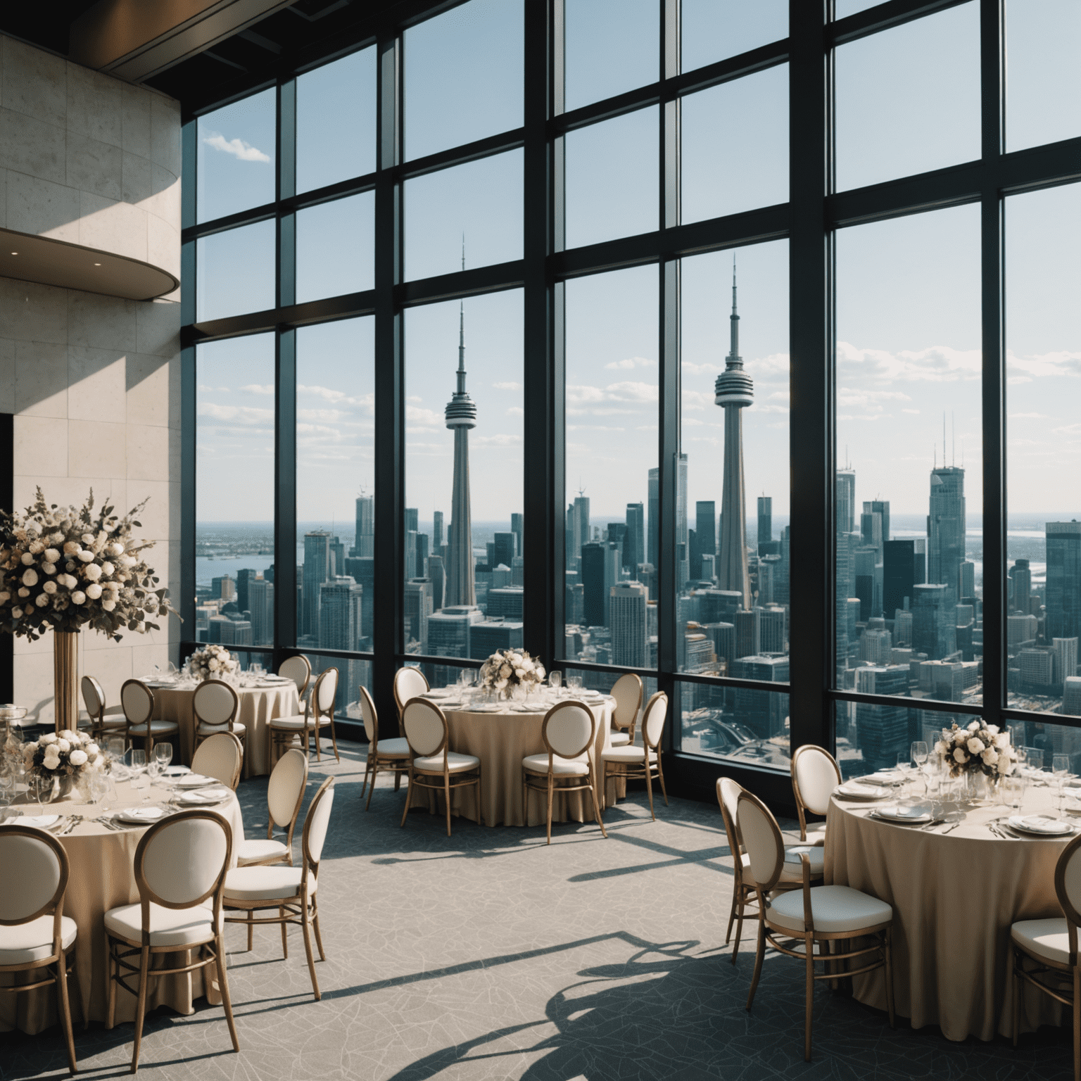 Elegant event setup in CN Tower with city skyline backdrop