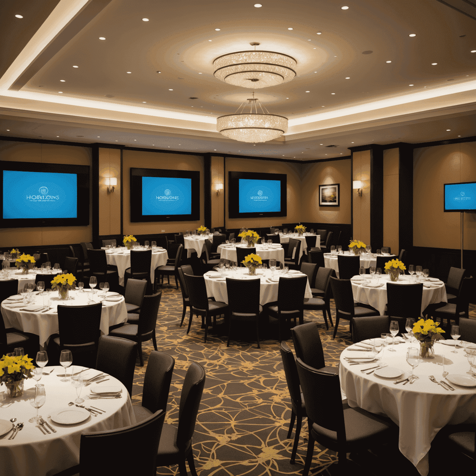 Horizons Restaurant setup for a corporate presentation with modern AV equipment
