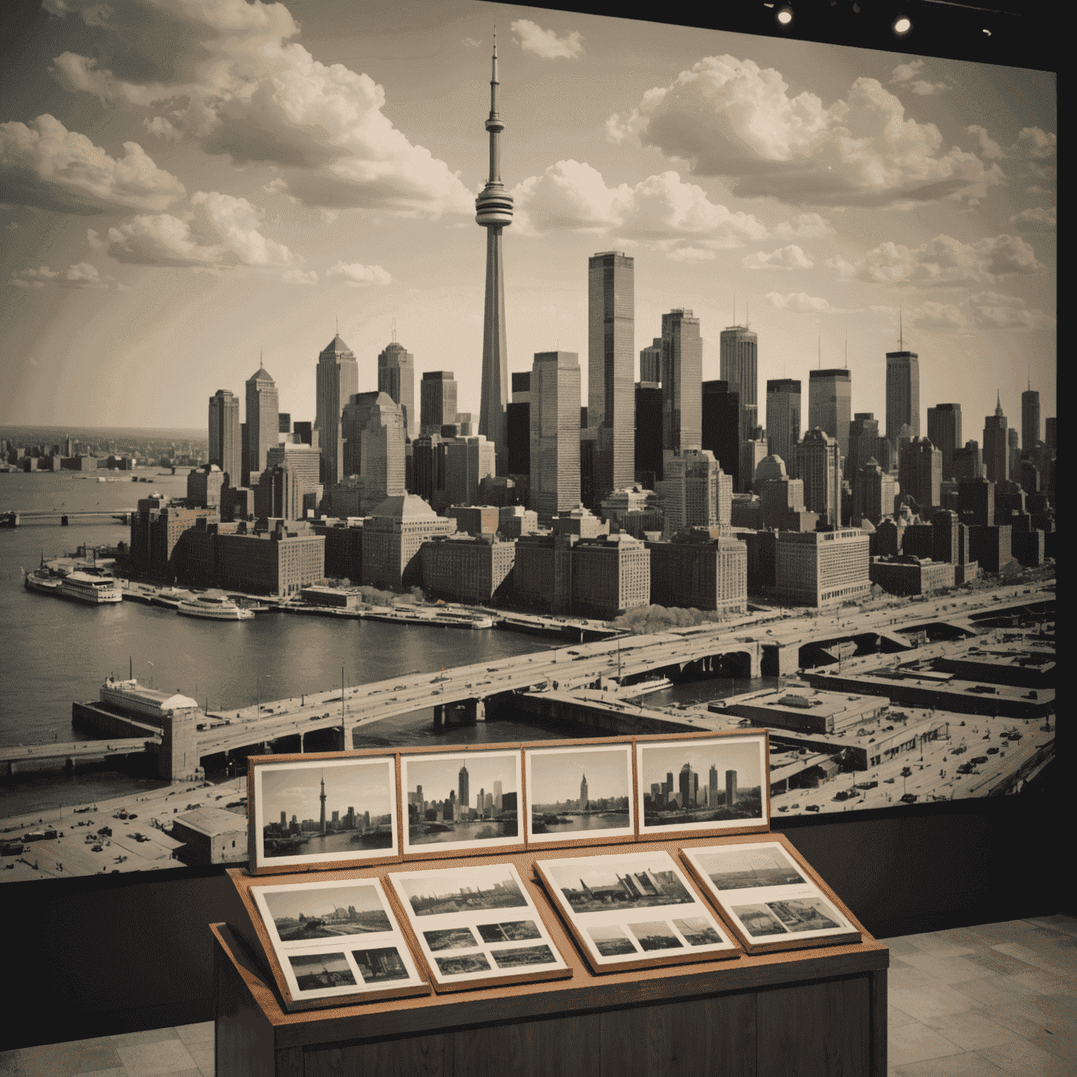 Interactive exhibition showcasing Toronto's history, with old photographs and artifacts displayed against the backdrop of the city skyline