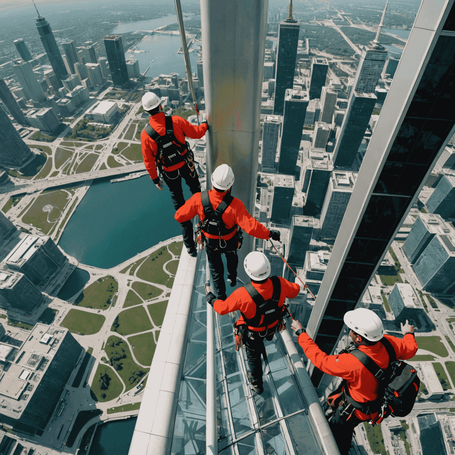 Thrill-seekers walking on the exterior of CN Tower with safety harnesses