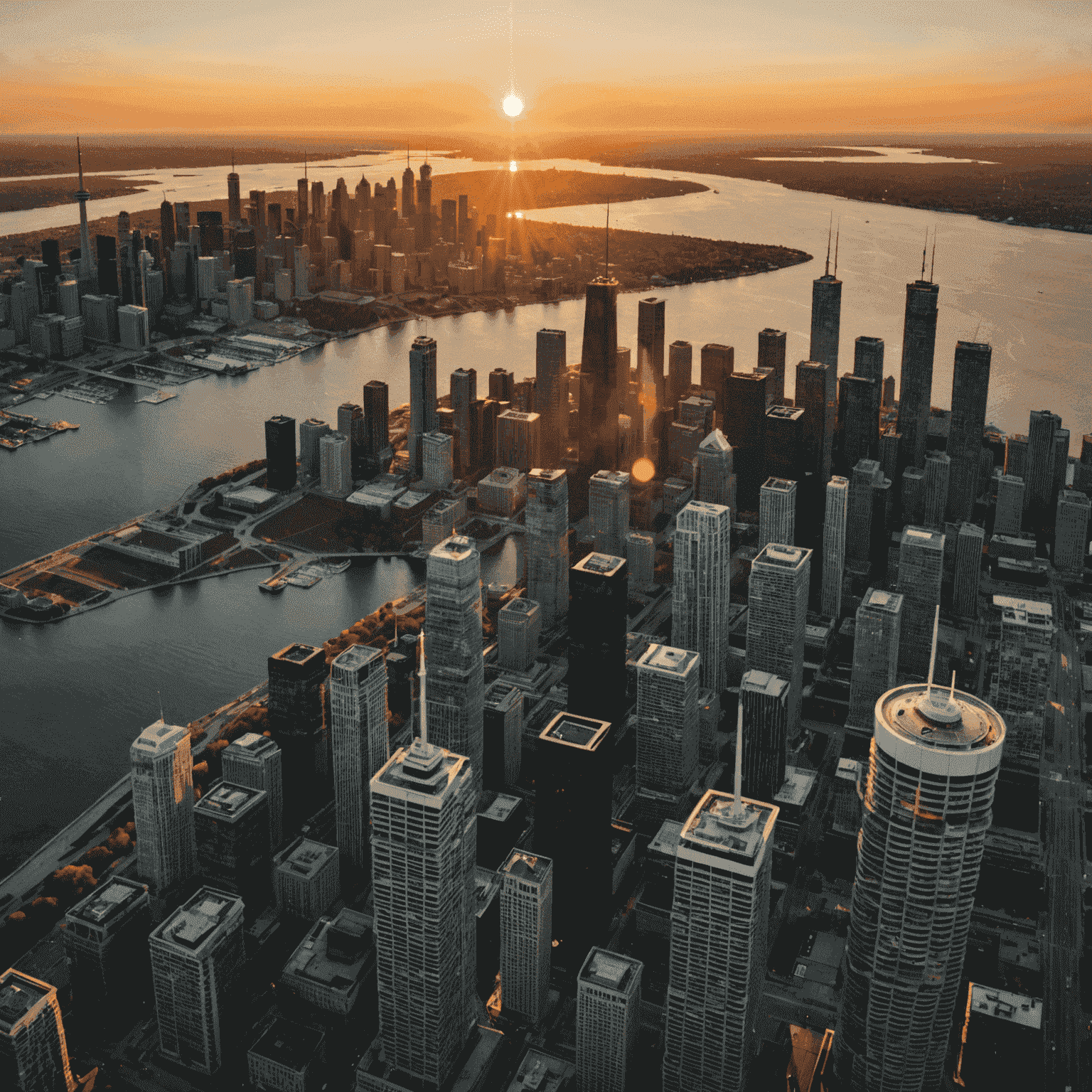 Sunset view from CN Tower observation deck, showcasing the golden hour light over Toronto's skyline and Lake Ontario