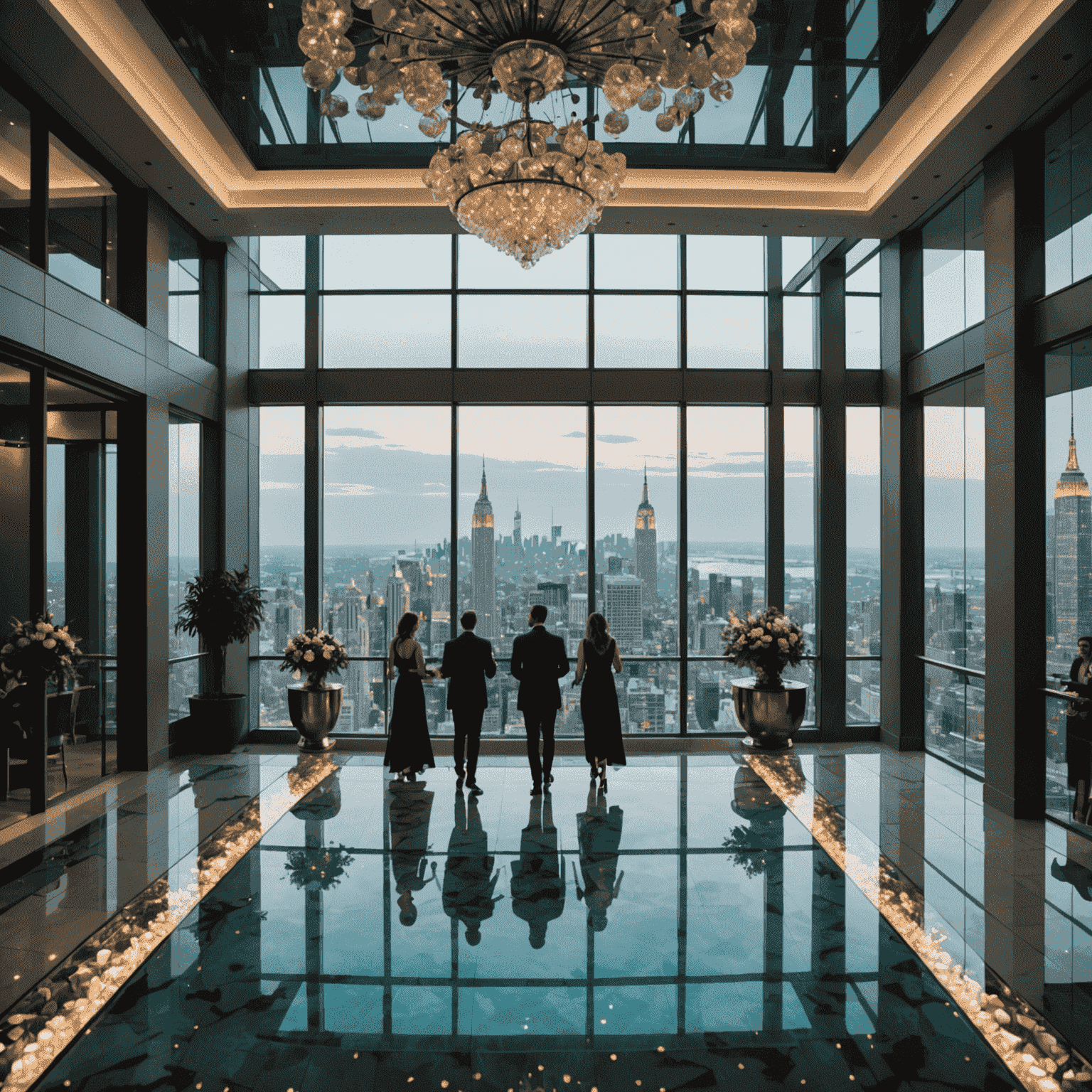 Glass Floor level decorated for a cocktail reception with guests enjoying the view below their feet