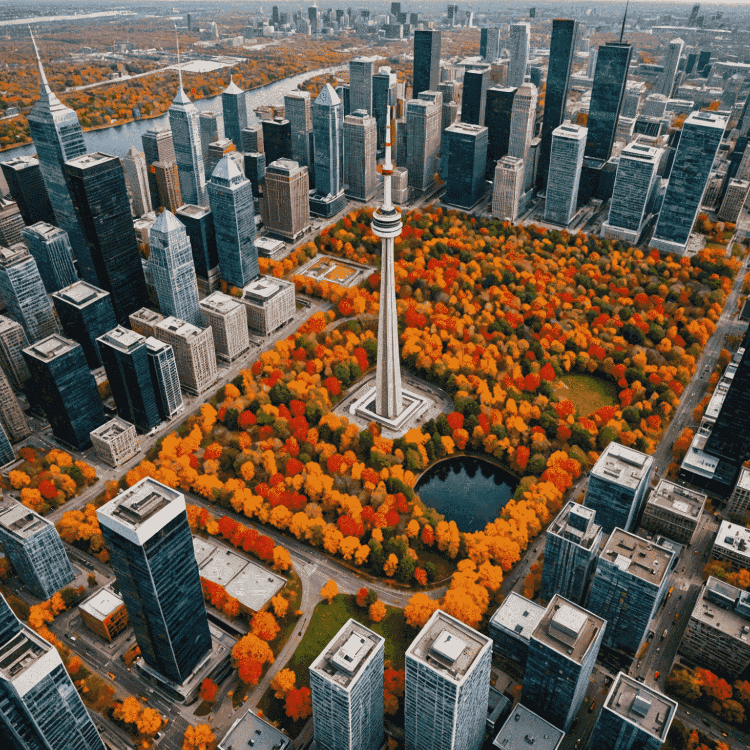 Aerial view of Toronto's autumn foliage from the CN Tower observation deck, with vibrant reds, oranges, and yellows painting the landscape