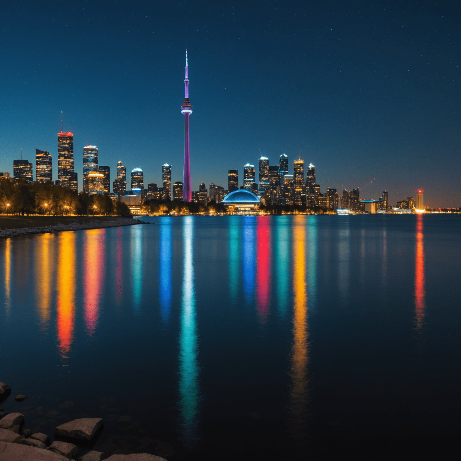 Nighttime view of CN Tower illuminated in vibrant colors, reflecting off Lake Ontario with Toronto skyline in the background